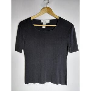 EURO-X Silk Black Top Solid Short Sleeve 100% Silk Women Size L